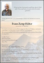 Avis de décès Franz Zemp-Halter, Kriens