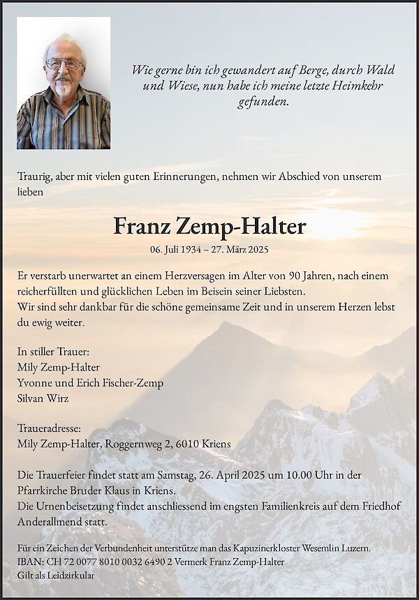 Necrologio Franz Zemp-Halter, Kriens