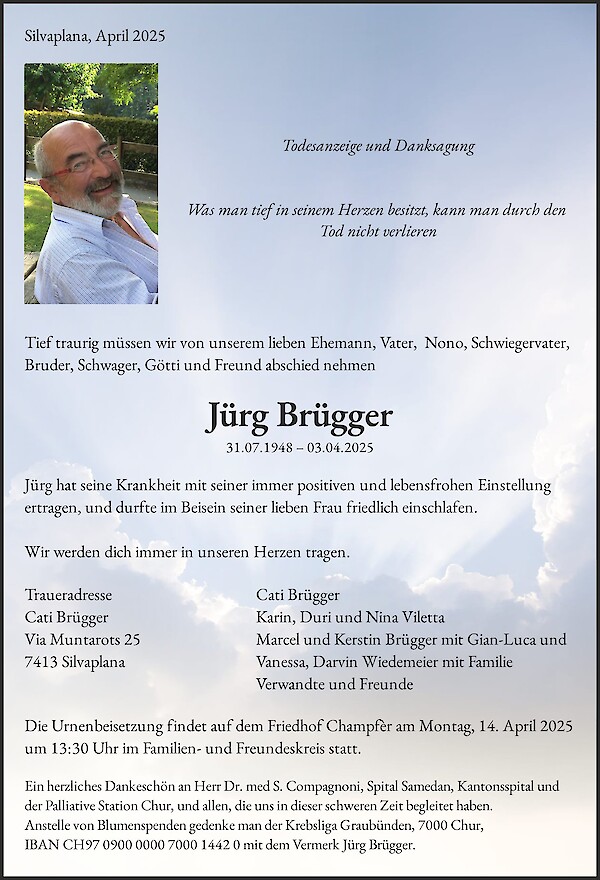 Obituary Jürg Brügger, Silvaplana
