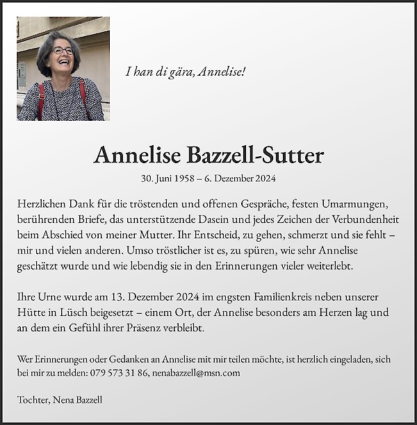 Todesanzeige von Annelise Bazzell-Sutter