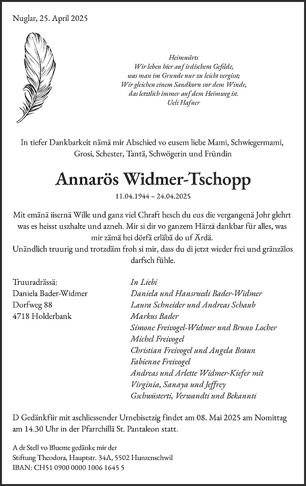 Todesanzeige von Annarös Widmer-Tschopp, Nuglar