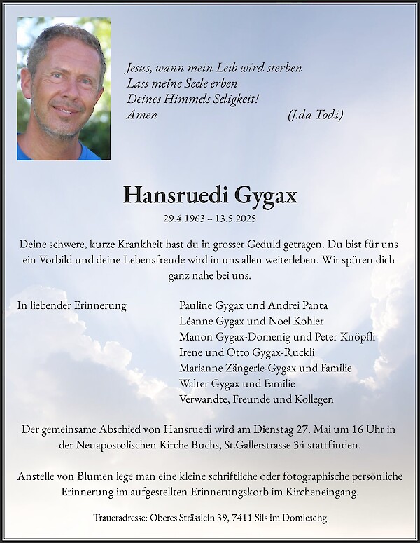 Necrologio Hansruedi Gygax