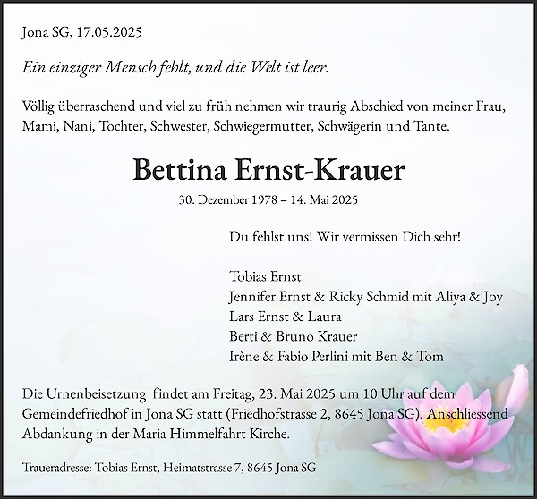 Avis de décès de Bettina Ernst-Krauer
