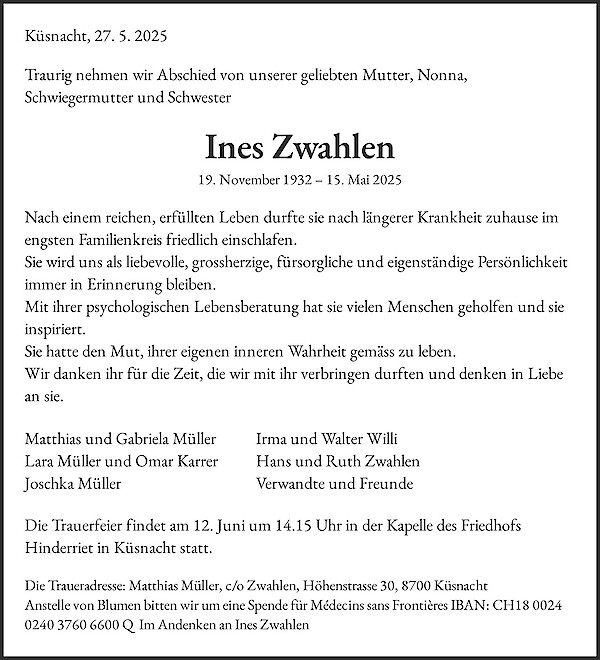 Necrologio Ines Zwahlen, Küsnacht