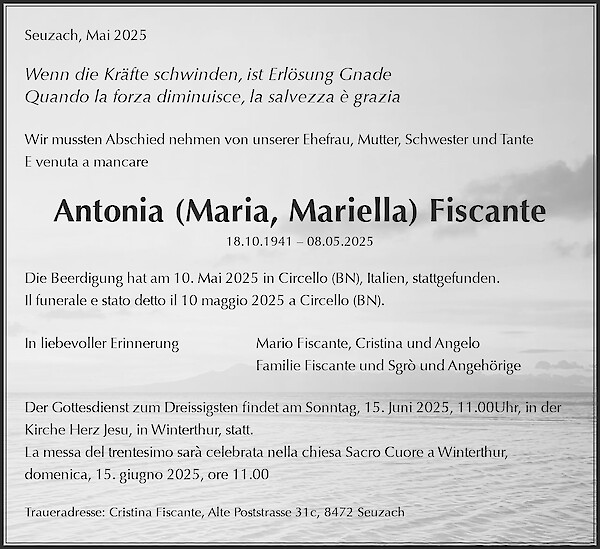 Necrologio Antonia (Maria, Mariella) Fiscante