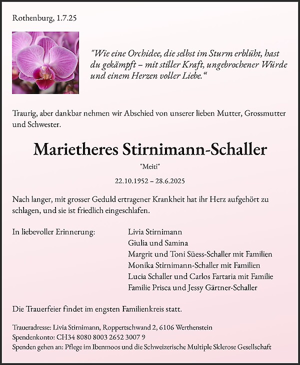 Obituary Marietheres Stirnimann-Schaller, Rothenburg