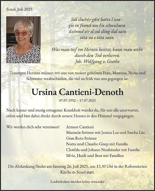 Avis de décès de Ursina Cantieni-Denoth