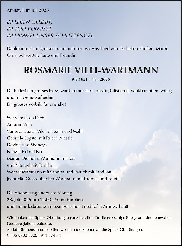 Todesanzeige von ROSMARIE VILEI-WARTMANN, Amriswil