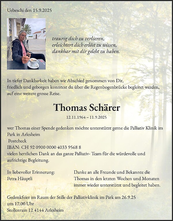 Todesanzeige von Thomas Schärer, Uebeschi