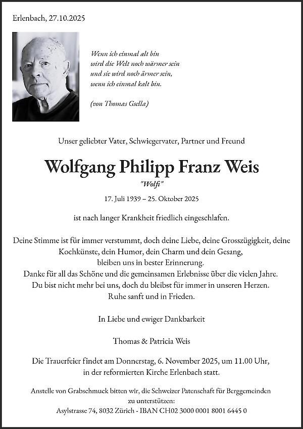 Avis de décès de Wolfgang Philipp Franz Weis