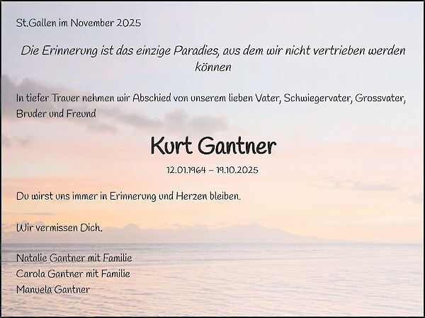 Avis de décès de Kurt Gantner, Walenstadt