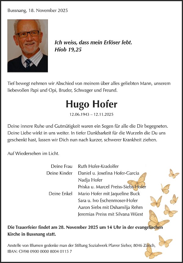 Avis de décès de Hugo Hofer