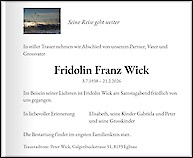 Necrologio Fridolin Franz Wick