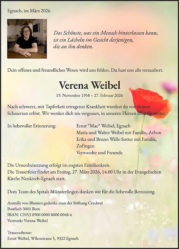 Avis de d&eacute;c&egrave;s de Verena Weibel