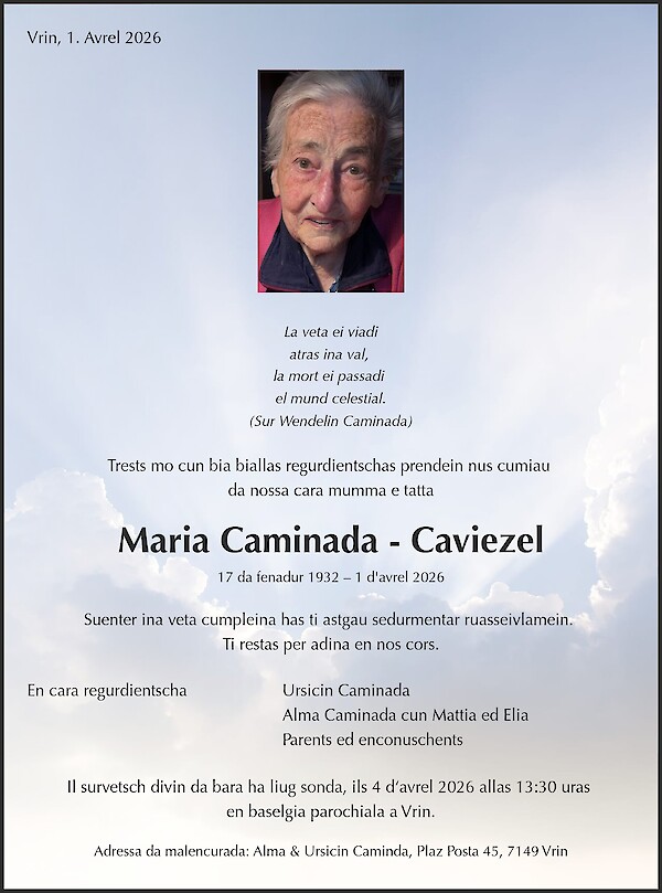 Obituary of Maria Caminada - Caviezel, Vrin