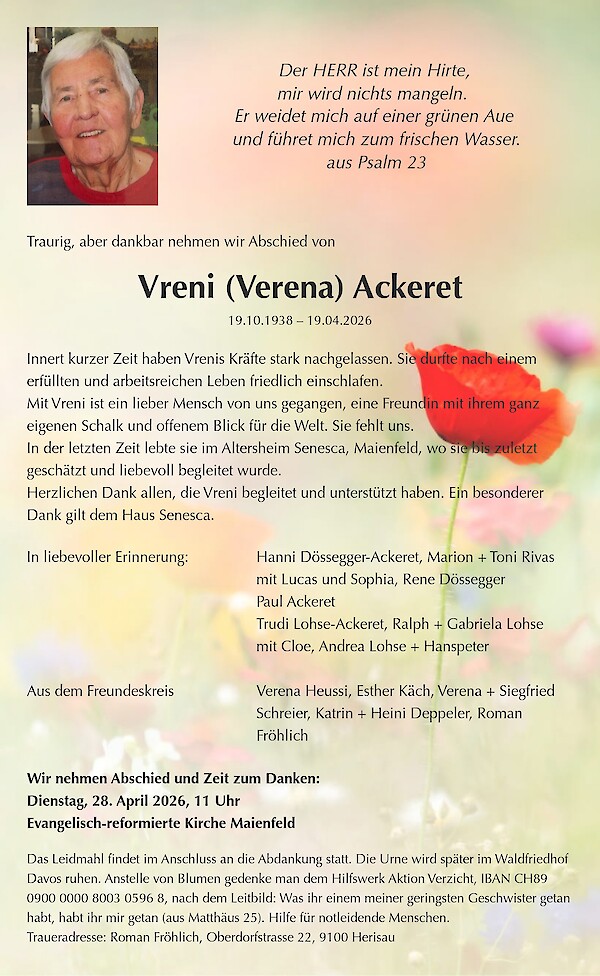 Todesanzeige von Vreni (Verena) Ackeret