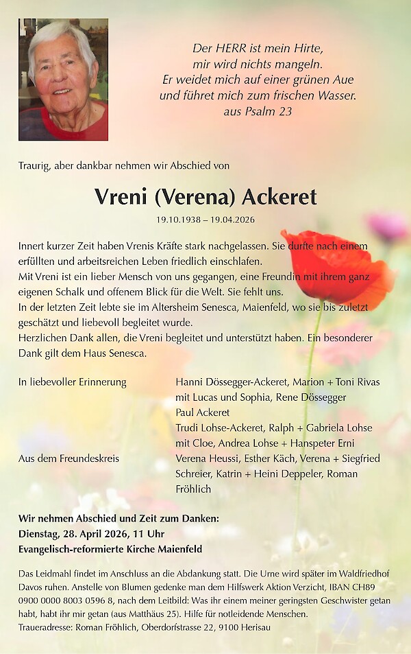 Obituary of Vreni (Verena) Ackeret