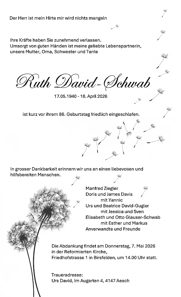 Todesanzeige von Ruth David-Schwab