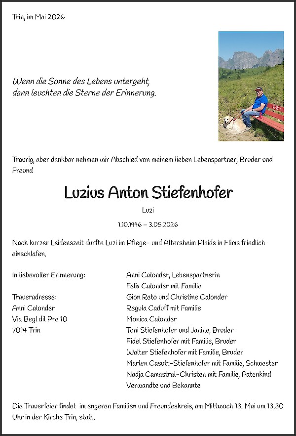 Necrologio da Luzius Anton Stiefenhofer