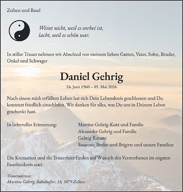 Todesanzeige von Daniel Gehrig, Zeihen