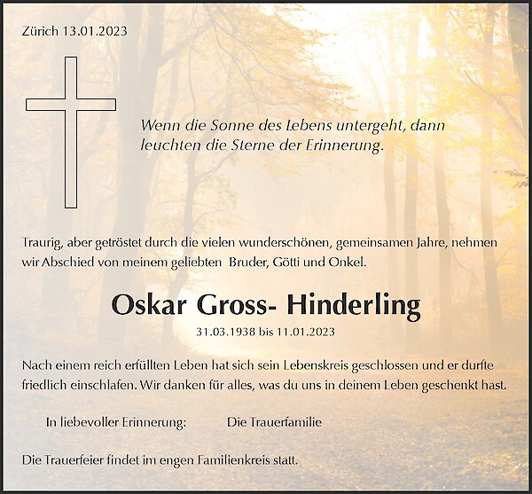 Avis de décès de Oskar Gross- Hinderling, Zürich