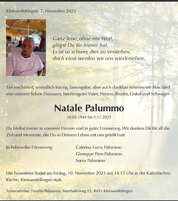 Avis de décès de Natale Palummo, Kleinandelfingen