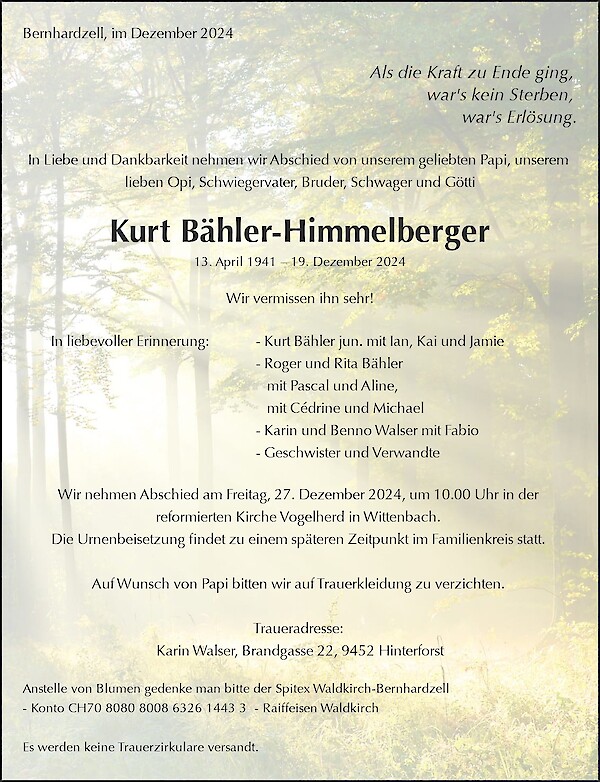 Obituary Kurt Bähler-Himmelberger, Bernhardzell