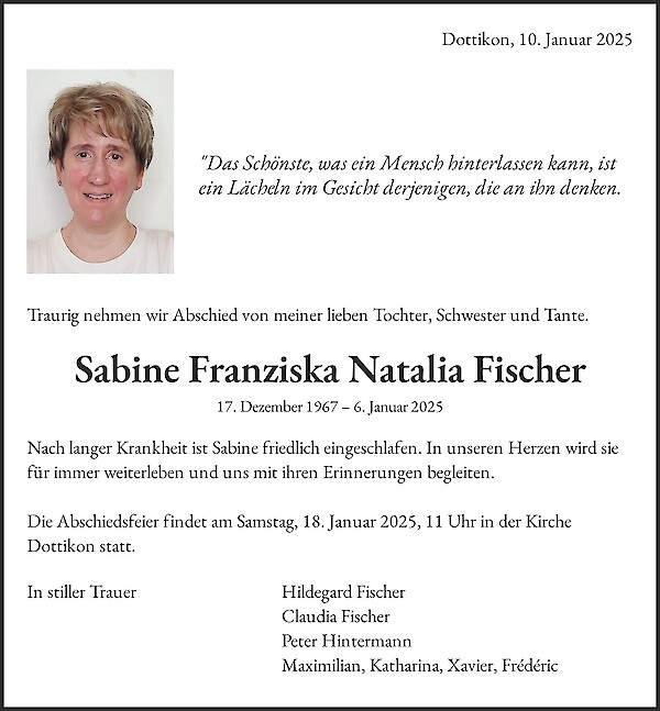 Necrologio Sabine Franziska Natalia Fischer