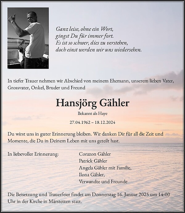 Obituary Hansjörg Gähler, Märstetten