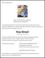 Avis de décès Max Streuli, Oetwil am See