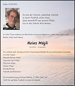 Avis de décès Heinz Mägli, Grabs